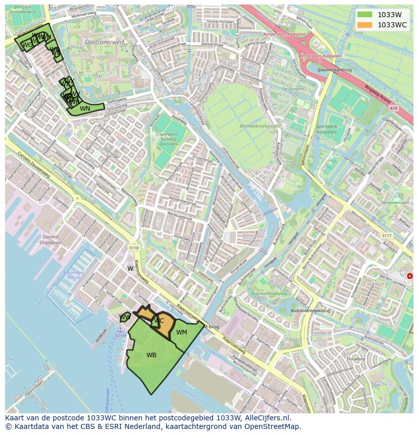 Afbeelding van het postcodegebied 1033 WC op de kaart.