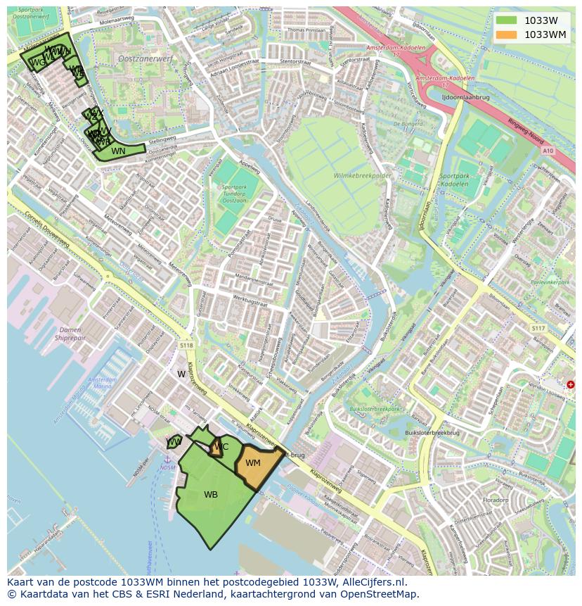 Afbeelding van het postcodegebied 1033 WM op de kaart.