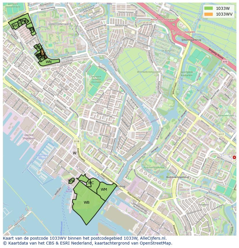 Afbeelding van het postcodegebied 1033 WV op de kaart.