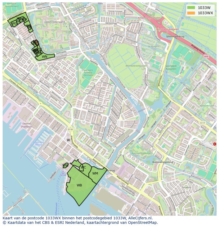 Afbeelding van het postcodegebied 1033 WX op de kaart.