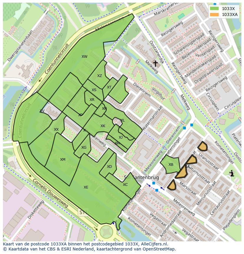 Afbeelding van het postcodegebied 1033 XA op de kaart.