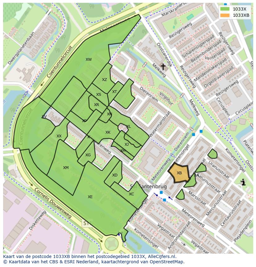 Afbeelding van het postcodegebied 1033 XB op de kaart.