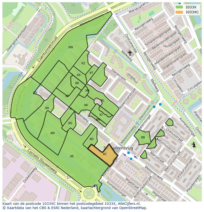 Afbeelding van het postcodegebied 1033 XC op de kaart.