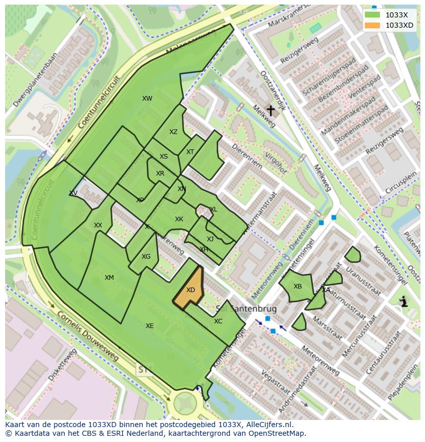 Afbeelding van het postcodegebied 1033 XD op de kaart.