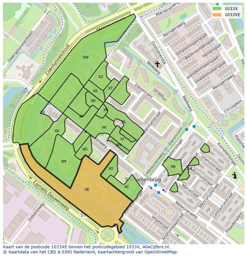 Afbeelding van het postcodegebied 1033 XE op de kaart.