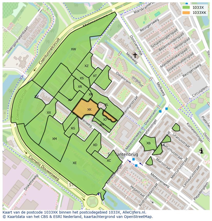 Afbeelding van het postcodegebied 1033 XK op de kaart.
