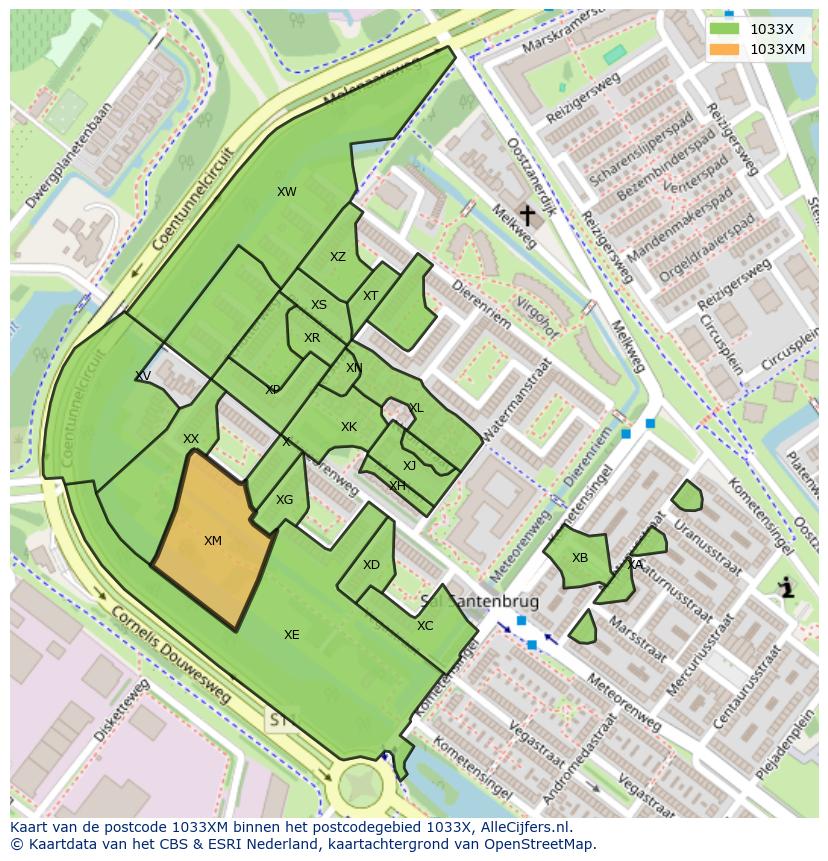 Afbeelding van het postcodegebied 1033 XM op de kaart.