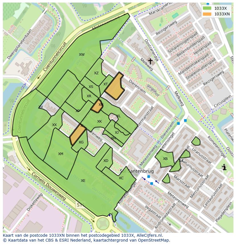 Afbeelding van het postcodegebied 1033 XN op de kaart.