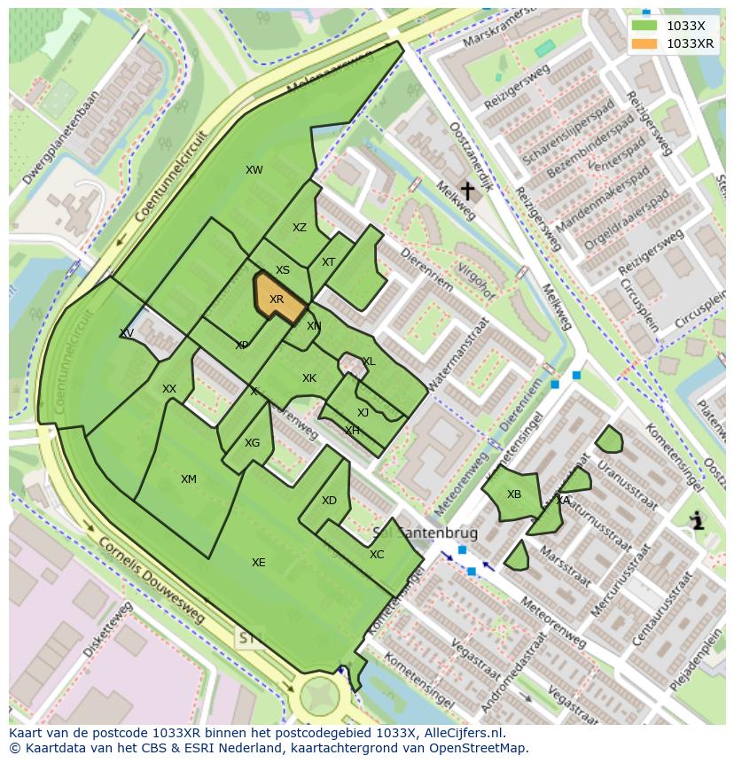 Afbeelding van het postcodegebied 1033 XR op de kaart.