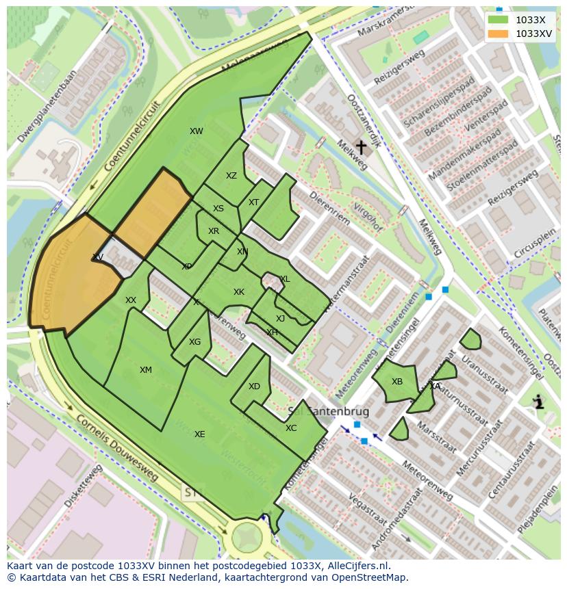 Afbeelding van het postcodegebied 1033 XV op de kaart.