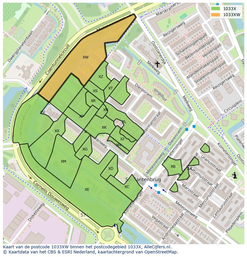 Afbeelding van het postcodegebied 1033 XW op de kaart.