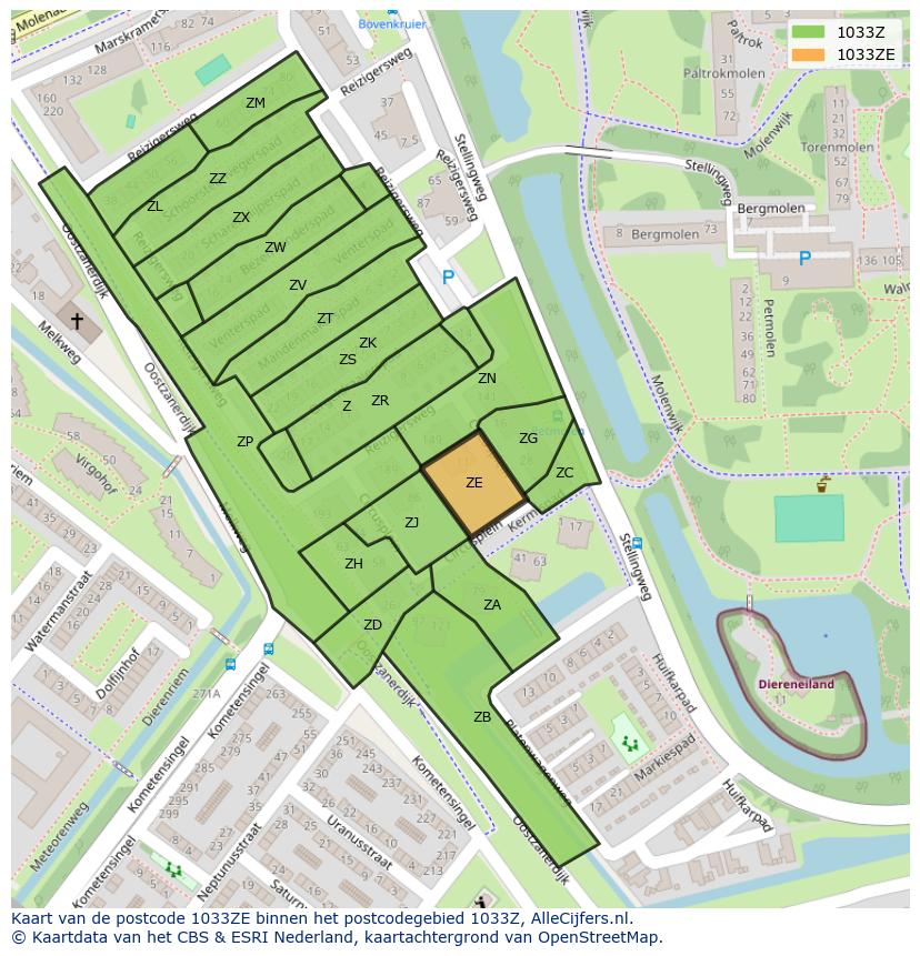 Afbeelding van het postcodegebied 1033 ZE op de kaart.