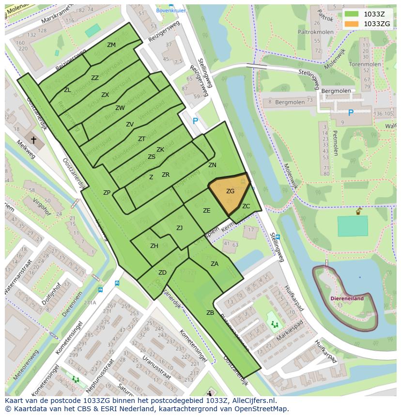 Afbeelding van het postcodegebied 1033 ZG op de kaart.