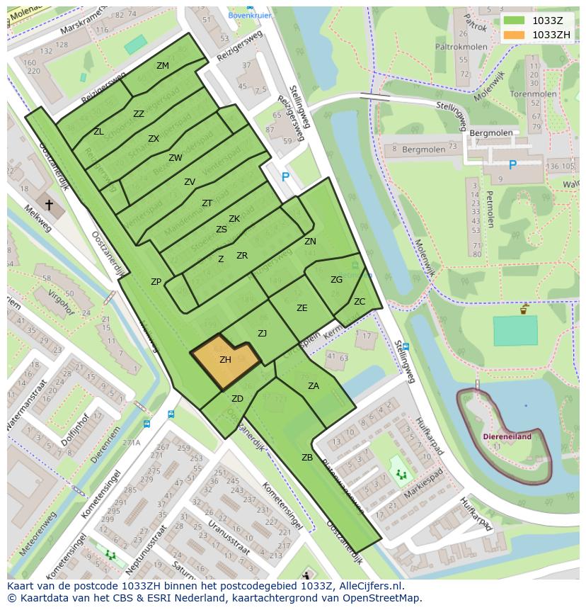 Afbeelding van het postcodegebied 1033 ZH op de kaart.