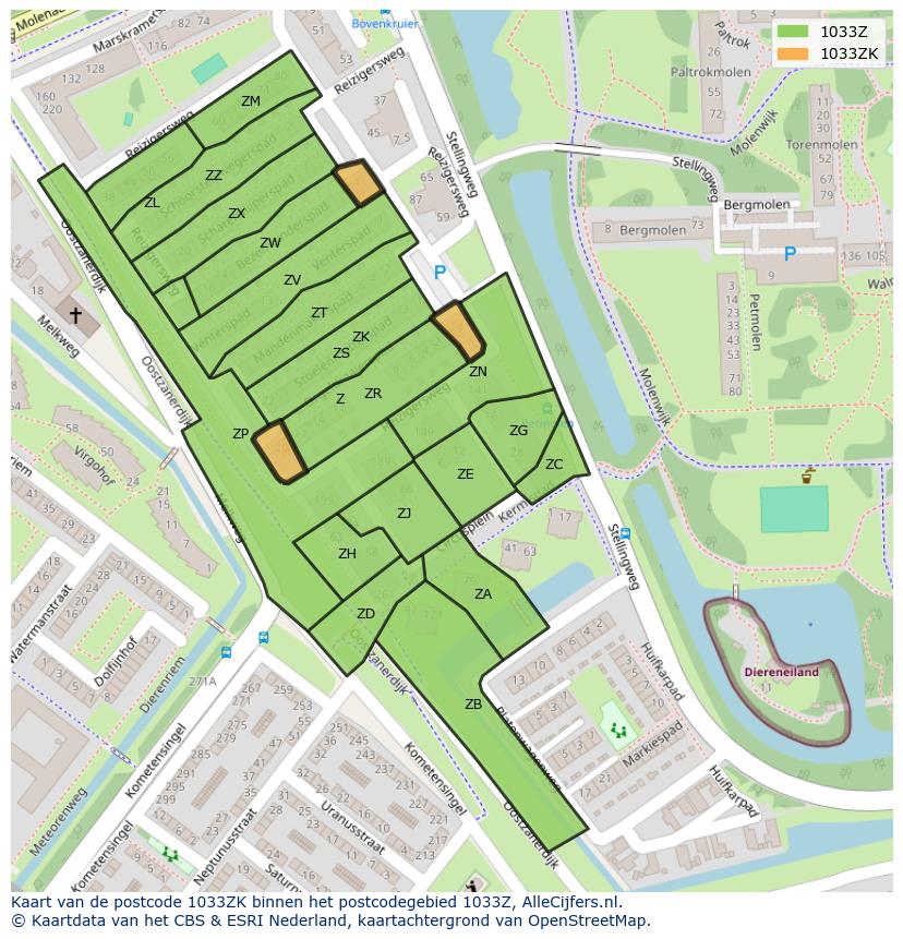 Afbeelding van het postcodegebied 1033 ZK op de kaart.