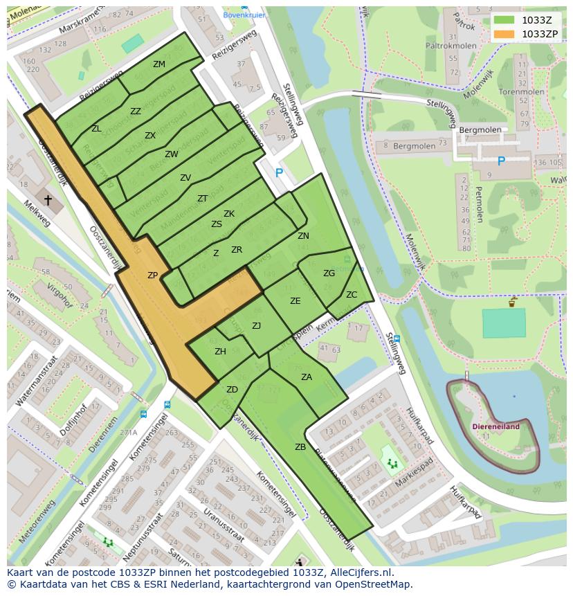 Afbeelding van het postcodegebied 1033 ZP op de kaart.