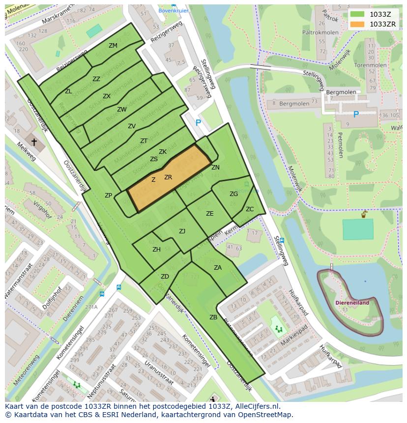 Afbeelding van het postcodegebied 1033 ZR op de kaart.