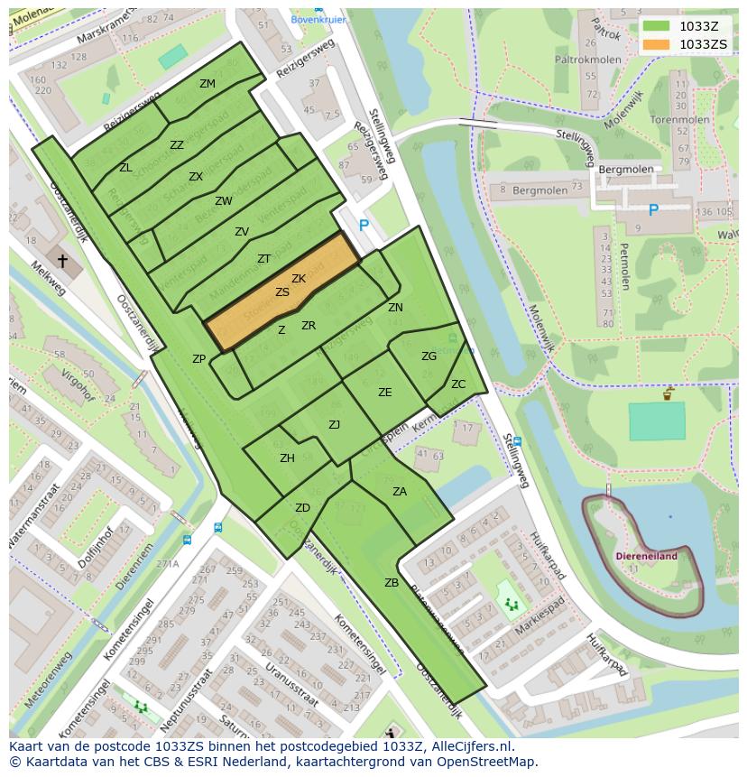 Afbeelding van het postcodegebied 1033 ZS op de kaart.