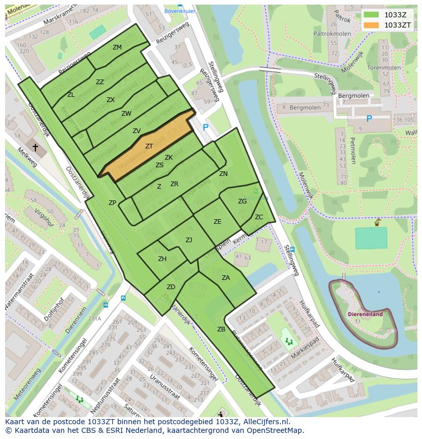 Afbeelding van het postcodegebied 1033 ZT op de kaart.
