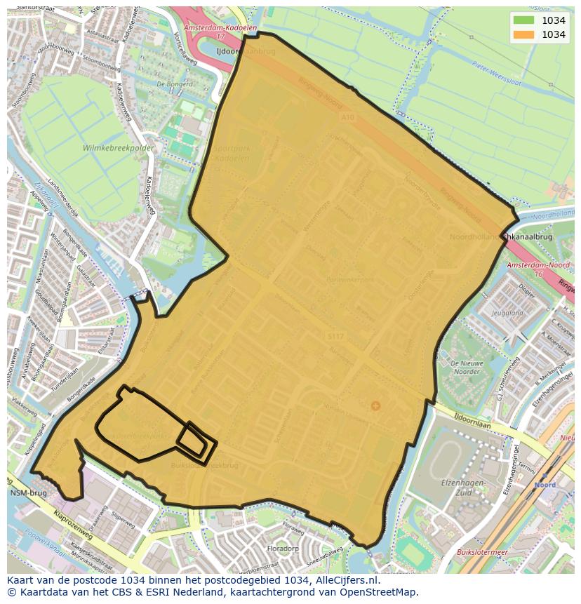 Afbeelding van het postcodegebied 1034 op de kaart.