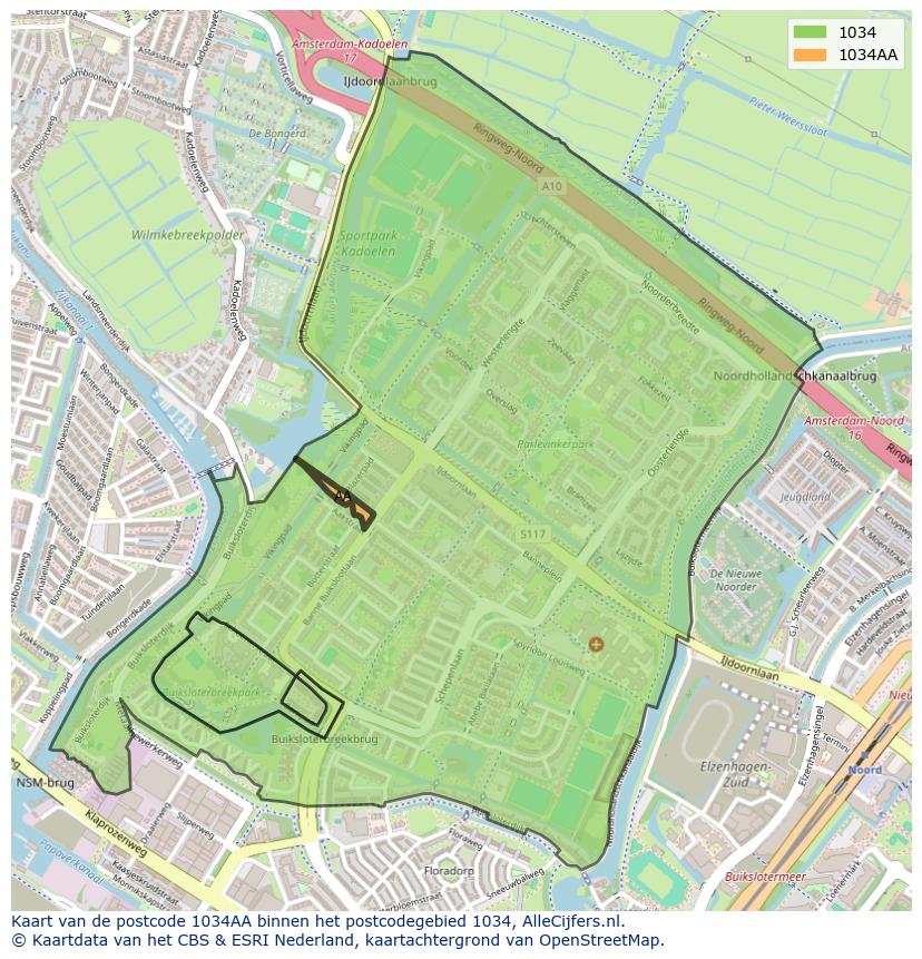 Afbeelding van het postcodegebied 1034 AA op de kaart.