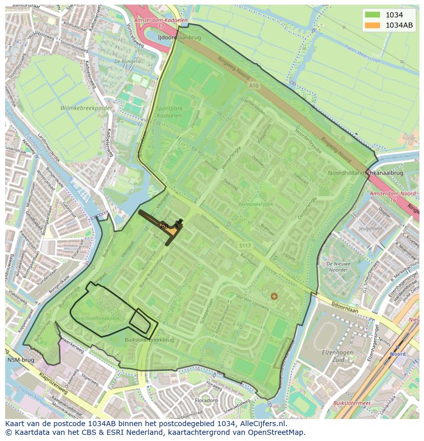 Afbeelding van het postcodegebied 1034 AB op de kaart.