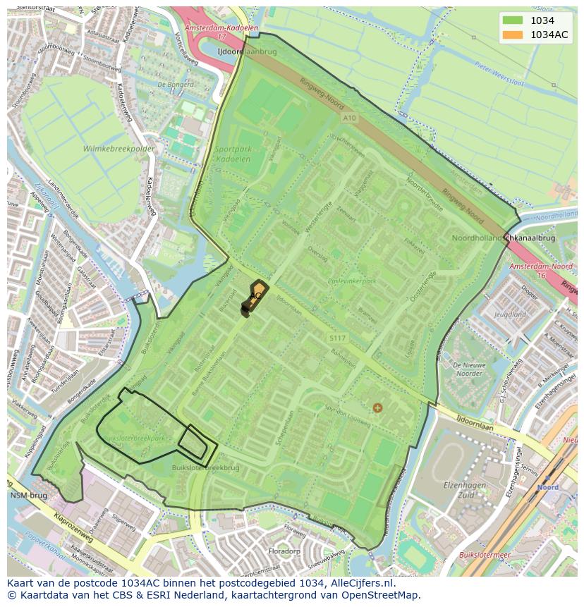 Afbeelding van het postcodegebied 1034 AC op de kaart.