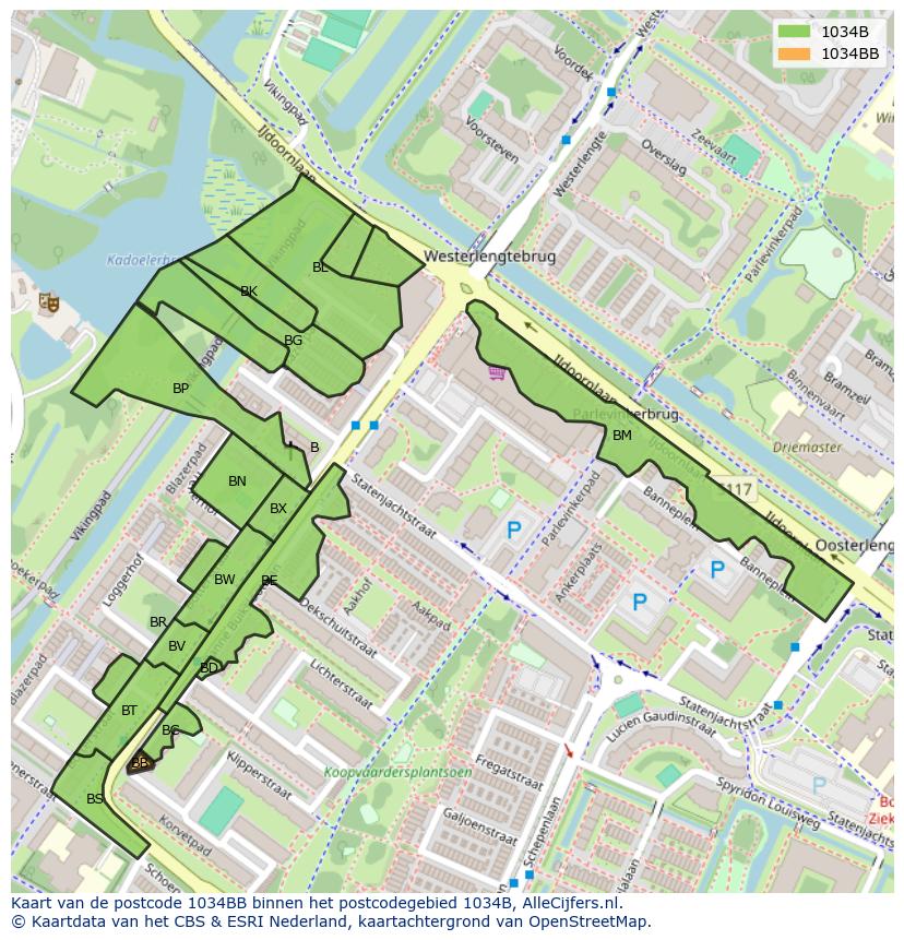 Afbeelding van het postcodegebied 1034 BB op de kaart.