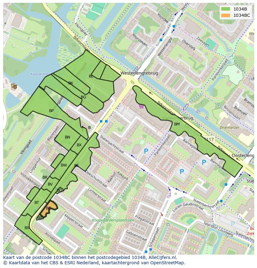 Afbeelding van het postcodegebied 1034 BC op de kaart.