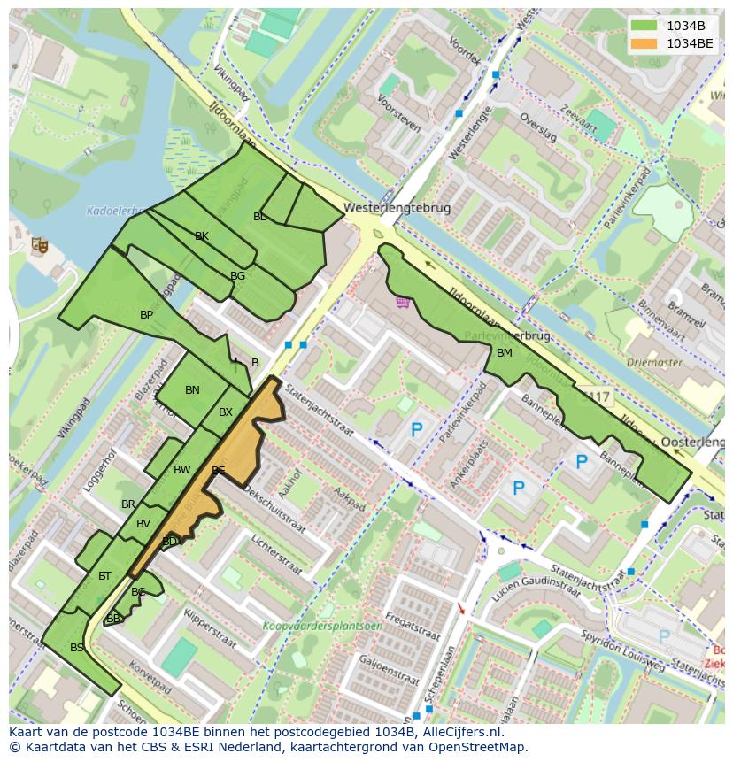 Afbeelding van het postcodegebied 1034 BE op de kaart.