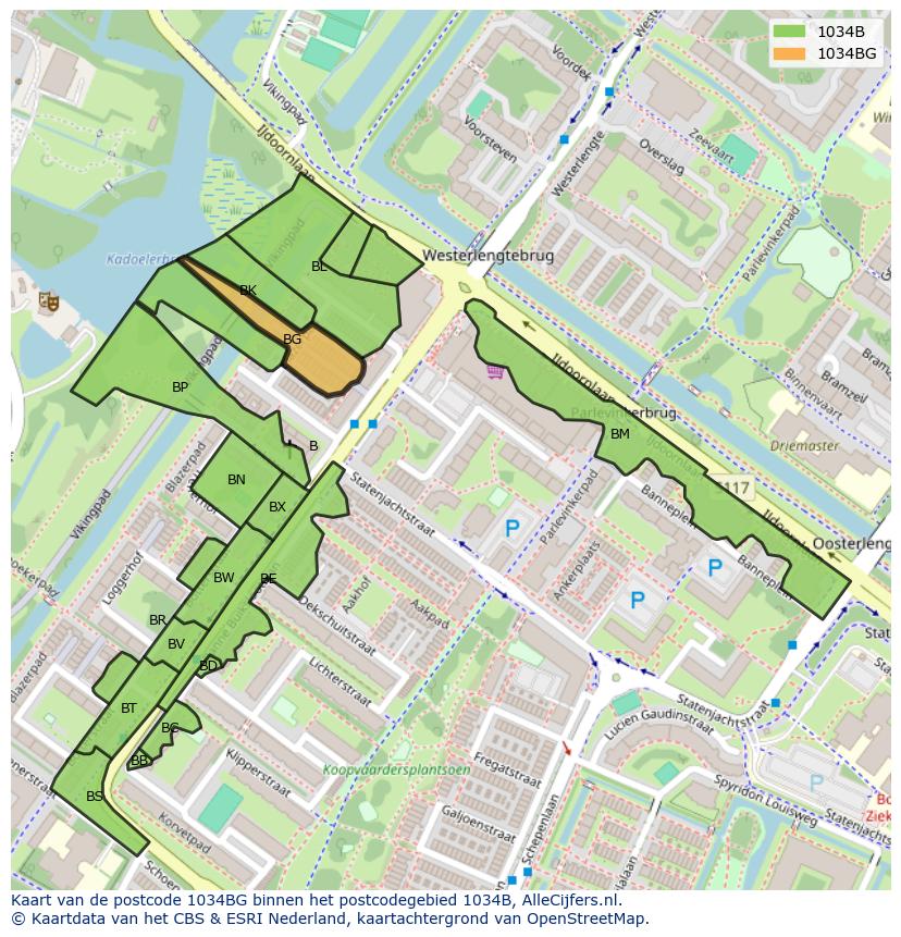 Afbeelding van het postcodegebied 1034 BG op de kaart.