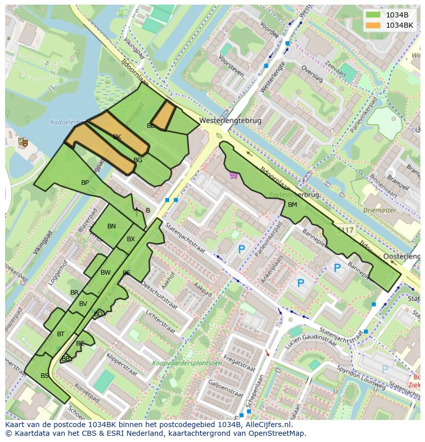 Afbeelding van het postcodegebied 1034 BK op de kaart.