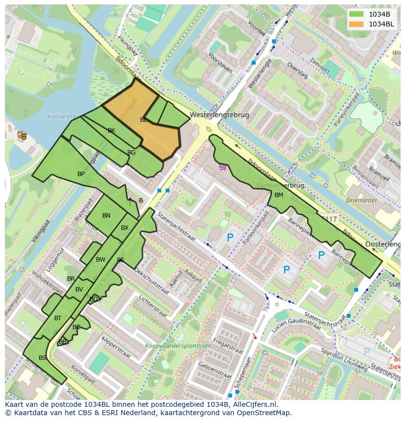 Afbeelding van het postcodegebied 1034 BL op de kaart.