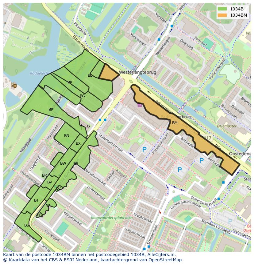 Afbeelding van het postcodegebied 1034 BM op de kaart.