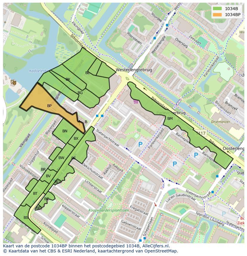Afbeelding van het postcodegebied 1034 BP op de kaart.