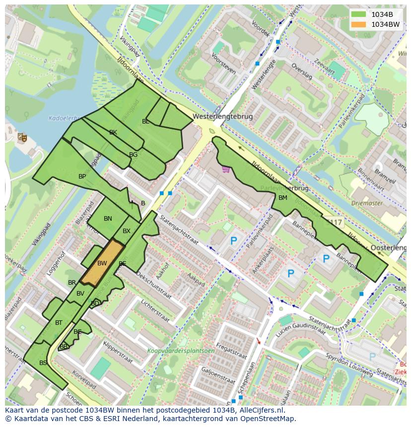 Afbeelding van het postcodegebied 1034 BW op de kaart.