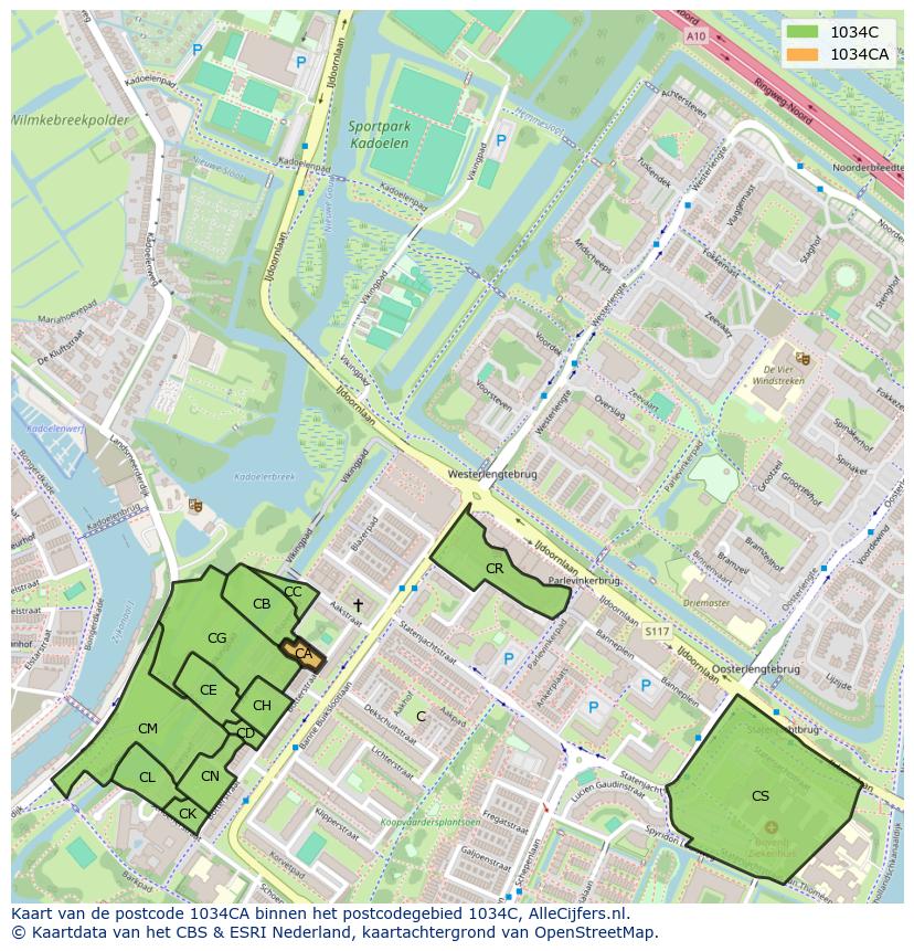 Afbeelding van het postcodegebied 1034 CA op de kaart.