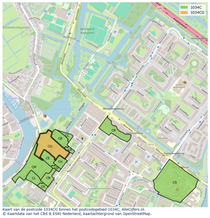 Afbeelding van het postcodegebied 1034 CG op de kaart.