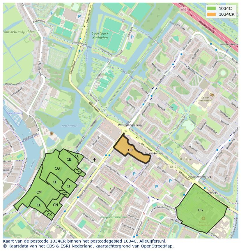 Afbeelding van het postcodegebied 1034 CR op de kaart.