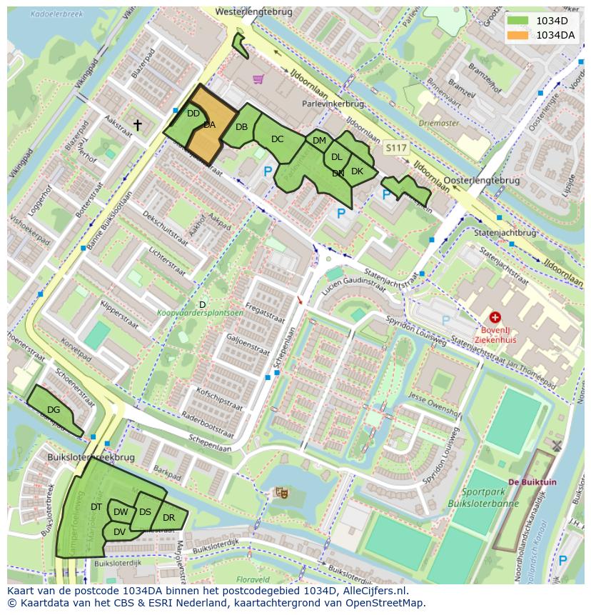 Afbeelding van het postcodegebied 1034 DA op de kaart.