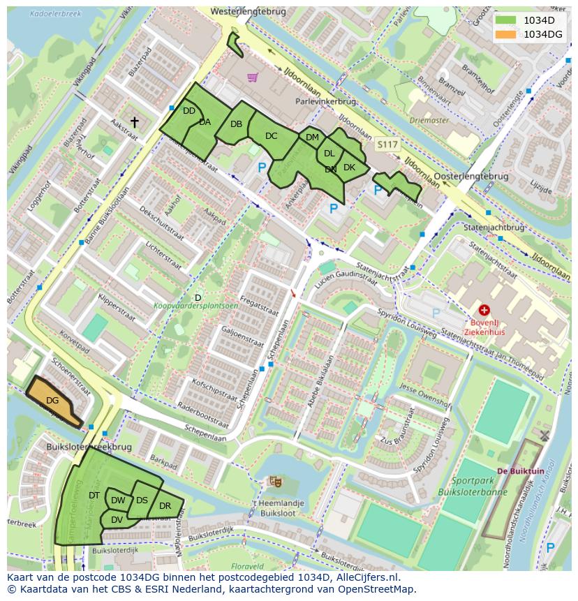 Afbeelding van het postcodegebied 1034 DG op de kaart.
