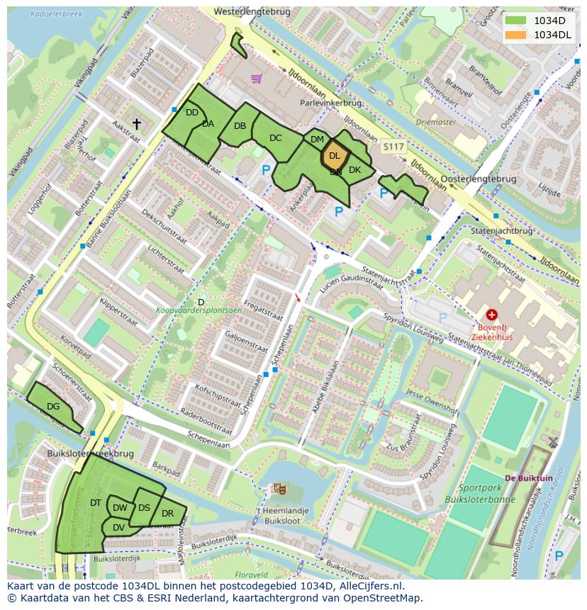 Afbeelding van het postcodegebied 1034 DL op de kaart.