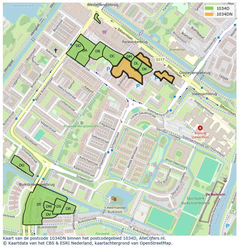 Afbeelding van het postcodegebied 1034 DN op de kaart.
