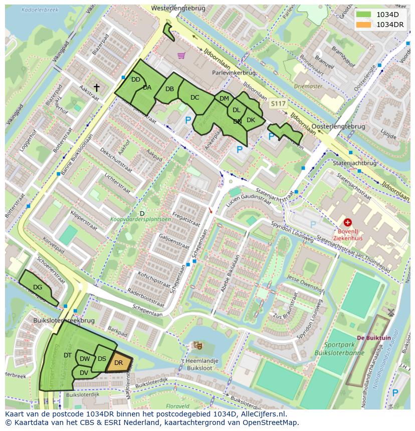Afbeelding van het postcodegebied 1034 DR op de kaart.