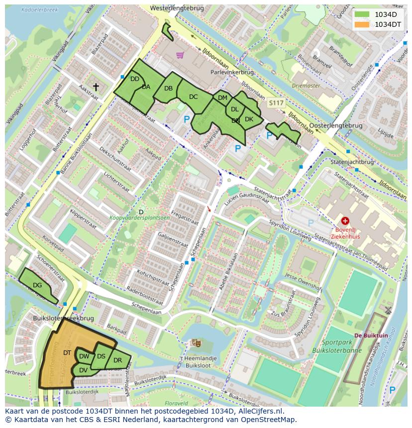 Afbeelding van het postcodegebied 1034 DT op de kaart.