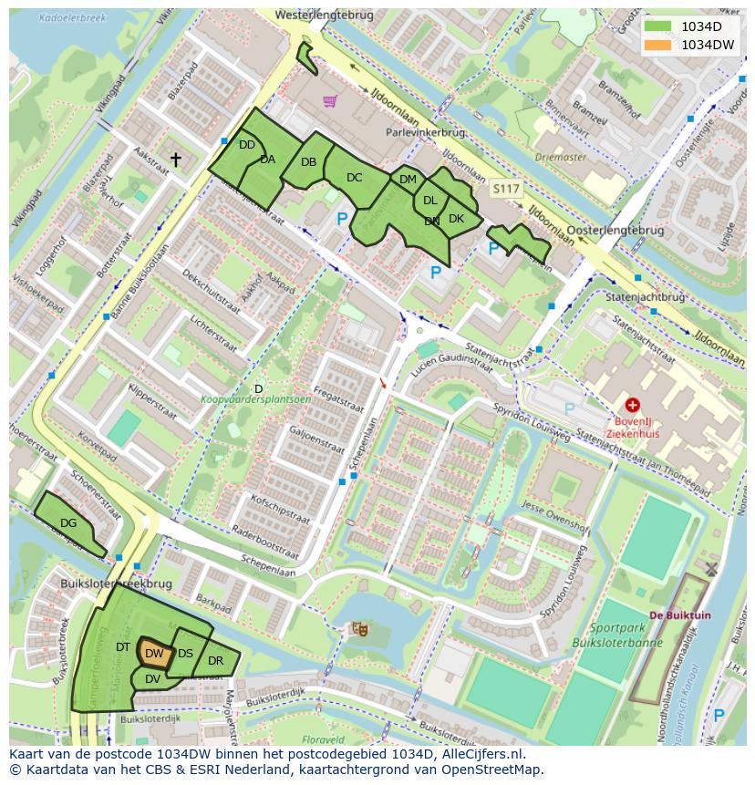 Afbeelding van het postcodegebied 1034 DW op de kaart.