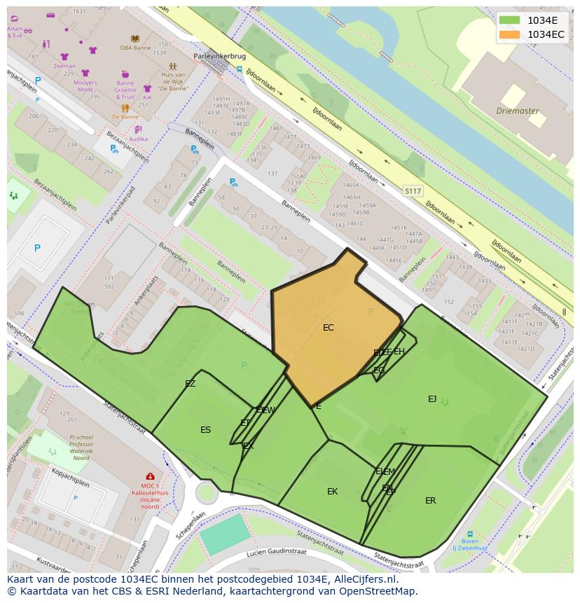 Afbeelding van het postcodegebied 1034 EC op de kaart.