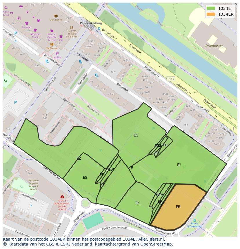 Afbeelding van het postcodegebied 1034 ER op de kaart.