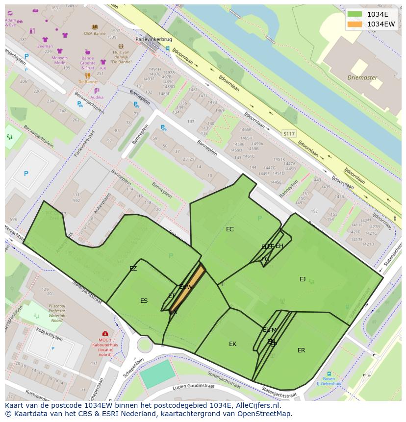 Afbeelding van het postcodegebied 1034 EW op de kaart.