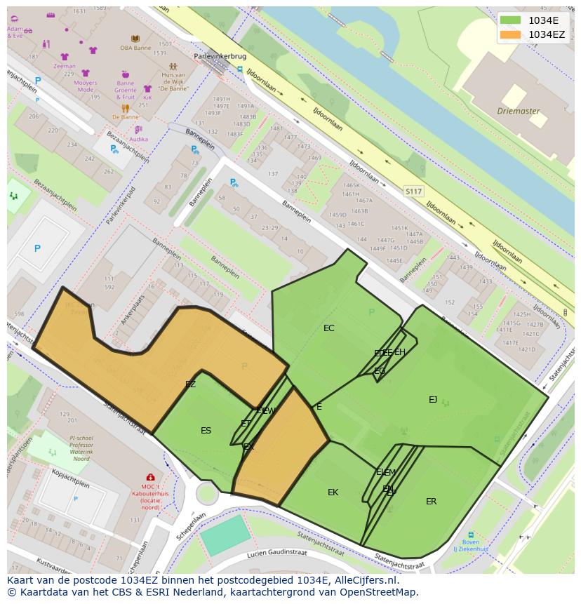 Afbeelding van het postcodegebied 1034 EZ op de kaart.